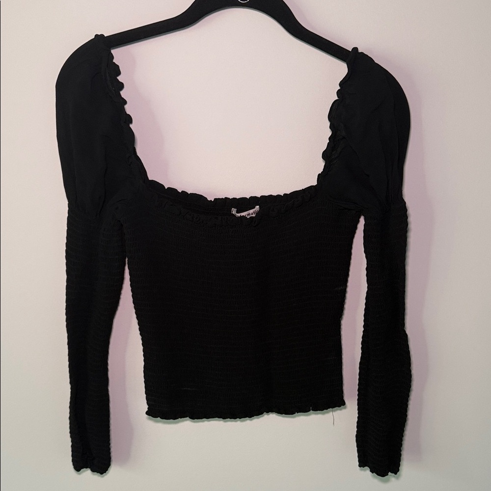 Reformation Midnight Black Smocked Blouse